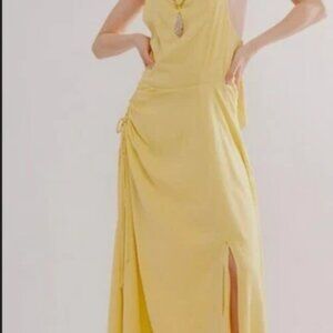 Free People Sienna Dress Ruched Sleeveless Tie Open Back Yellow Midi S